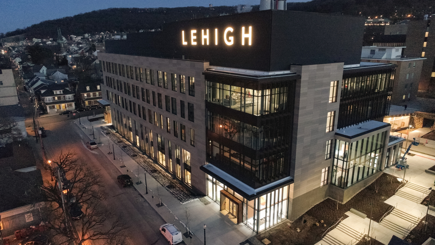 A high level view of the HST Building at night